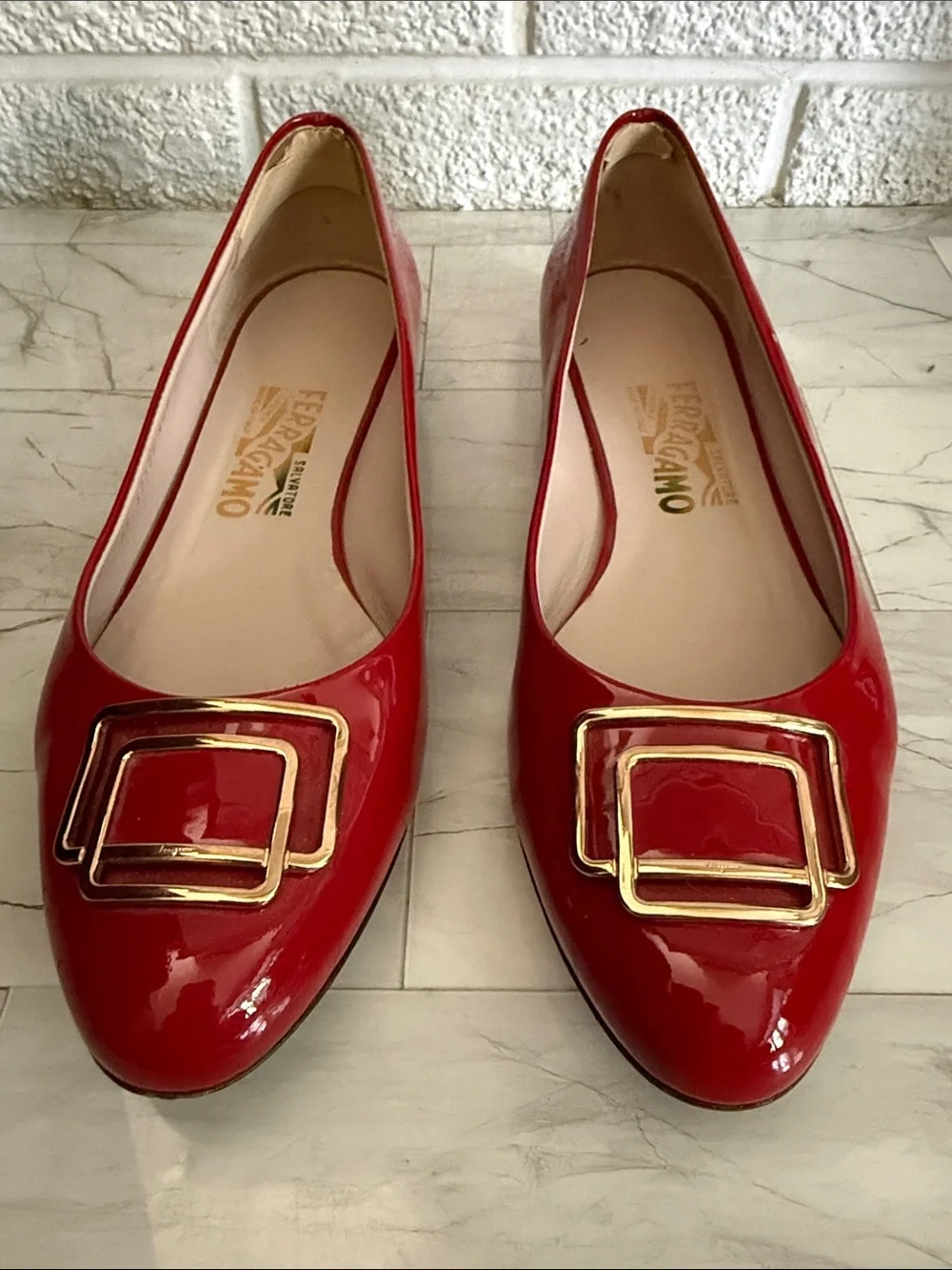 Salvatore Ferragamo Red Patent Leather Buckle Flats with Gold Hardware